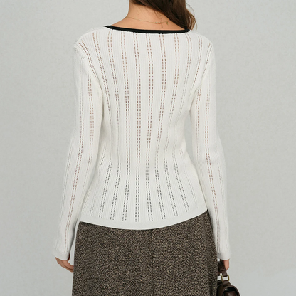 Sweetheart Neck Contrast Trim Slim Knit Office Cardigan