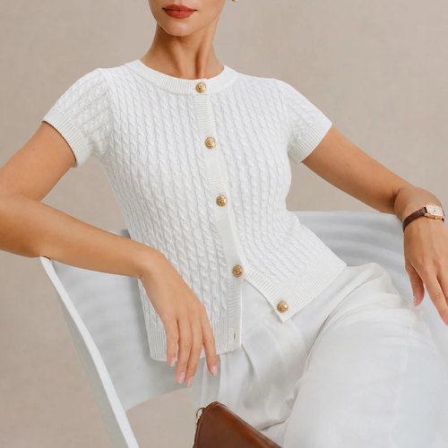 Round‑Neck Short‑Sleeve Textured Knit Casual Cardigan