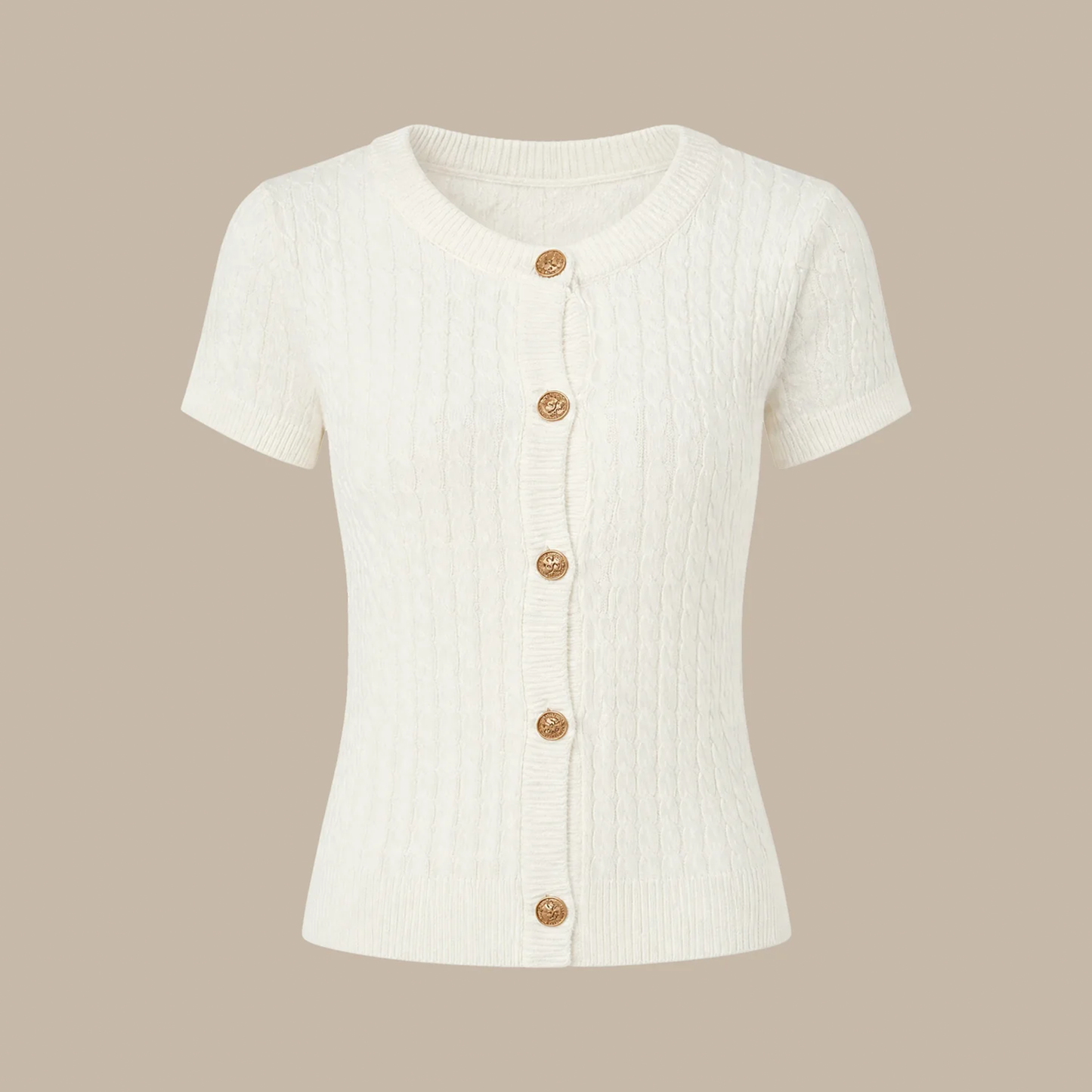 Round‑Neck Short‑Sleeve Textured Knit Casual Cardigan