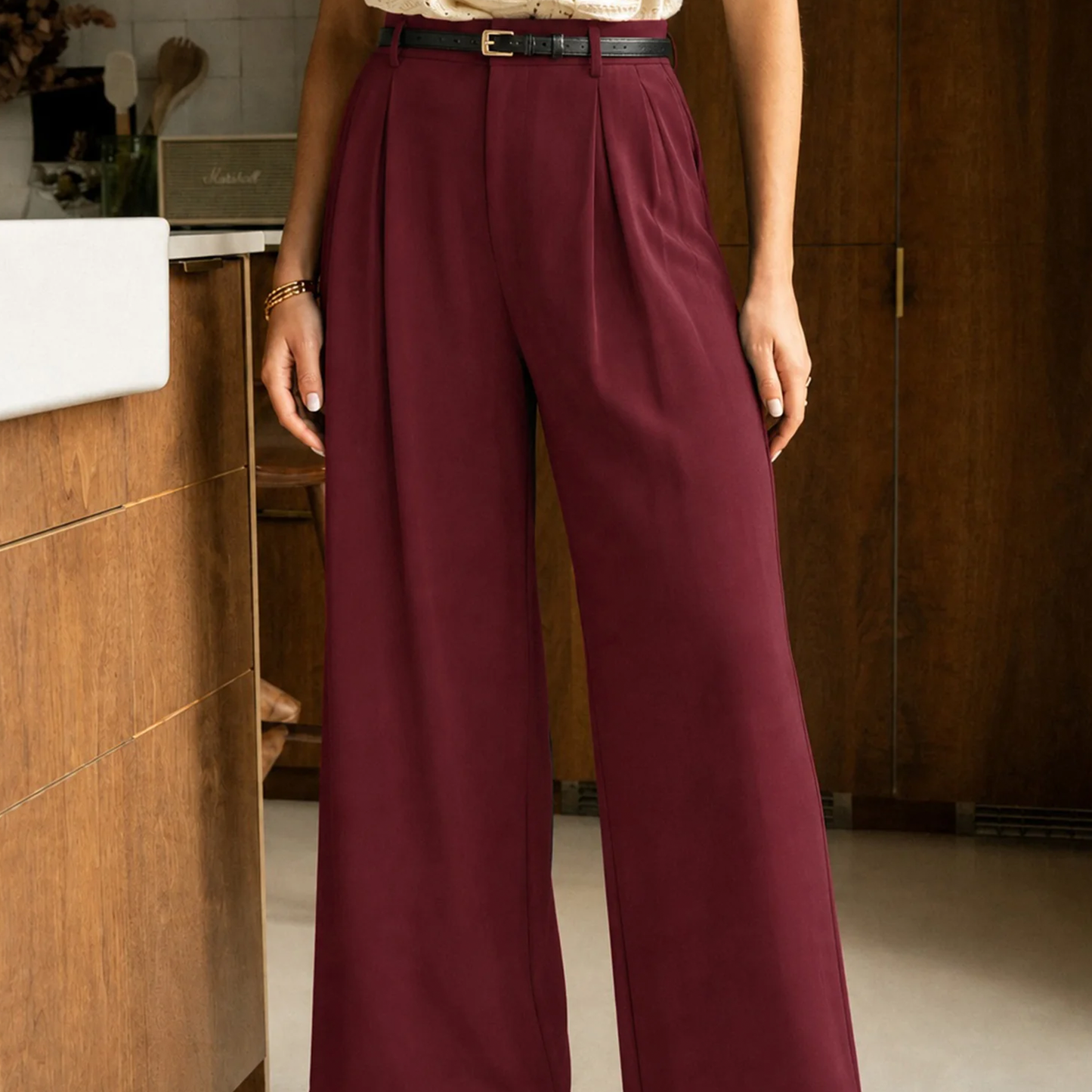 Natural Waist Ankle‑Length Wide Leg Casual Trousers