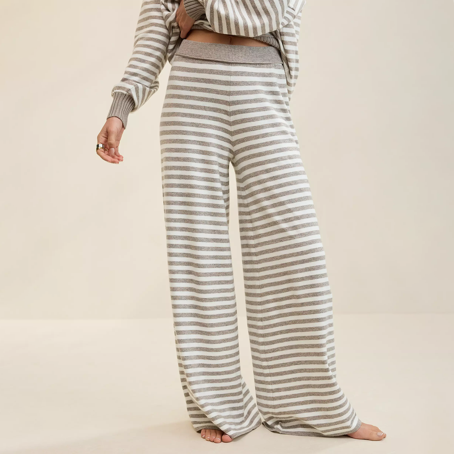 Striped Elastic Waist Soft Knit Wide‑Leg Trousers