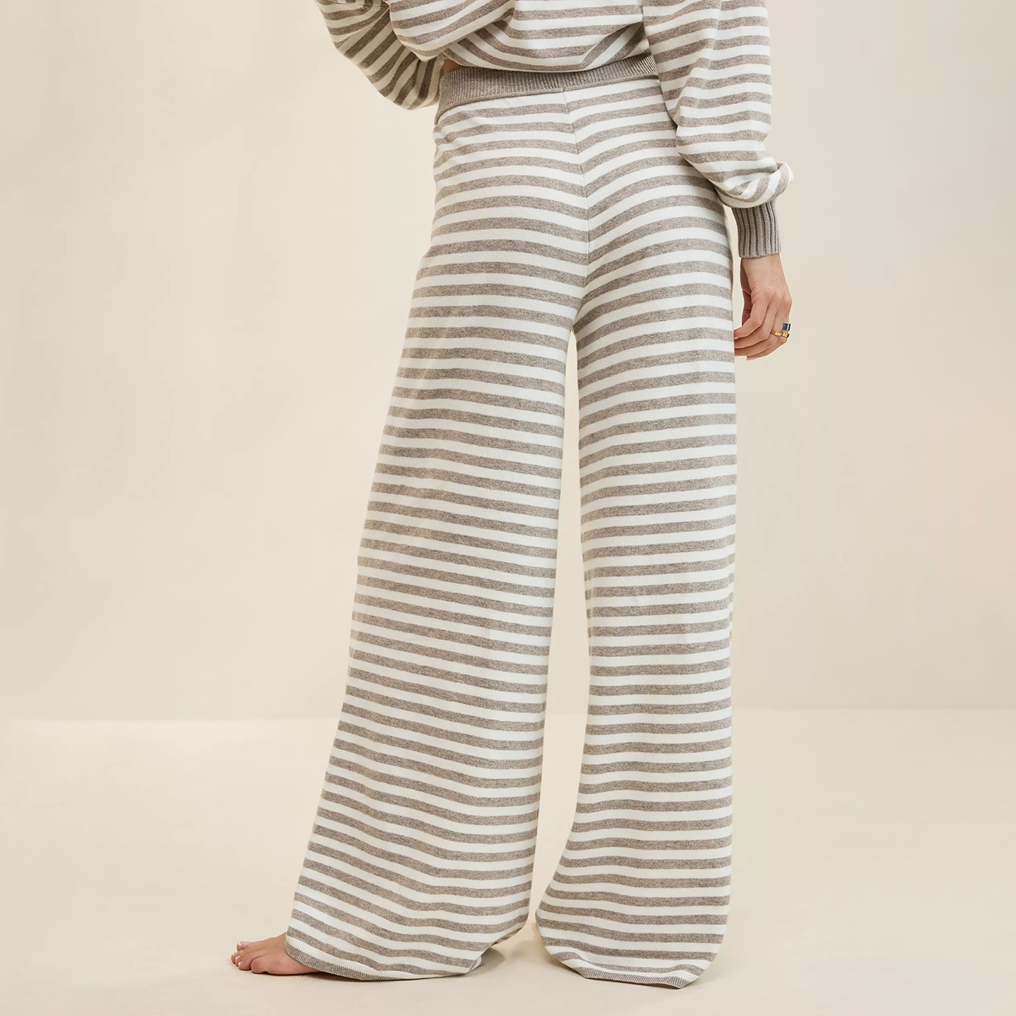 Striped Elastic Waist Soft Knit Wide‑Leg Trousers