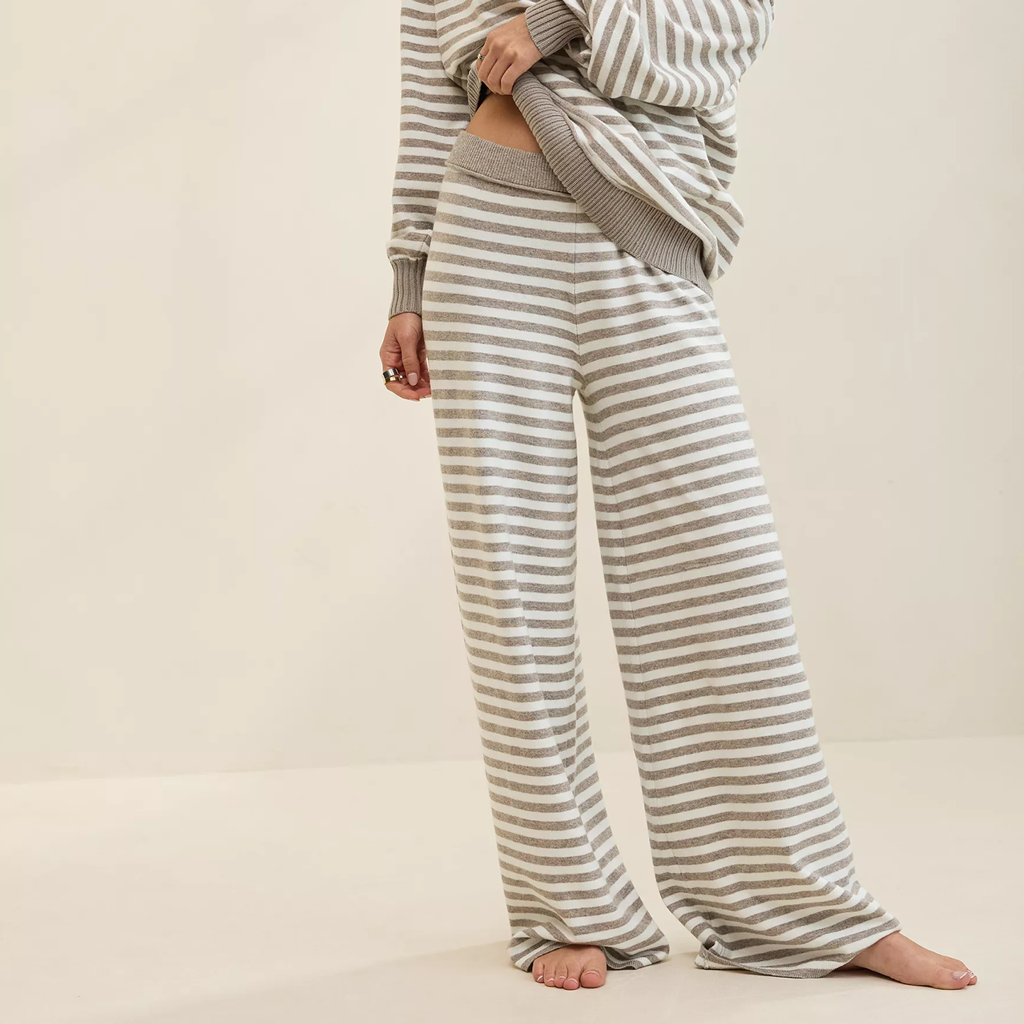 Striped Elastic Waist Soft Knit Wide‑Leg Trousers