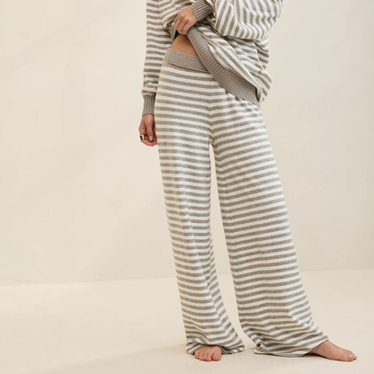 Striped Elastic Waist Soft Knit Wide‑Leg Trousers